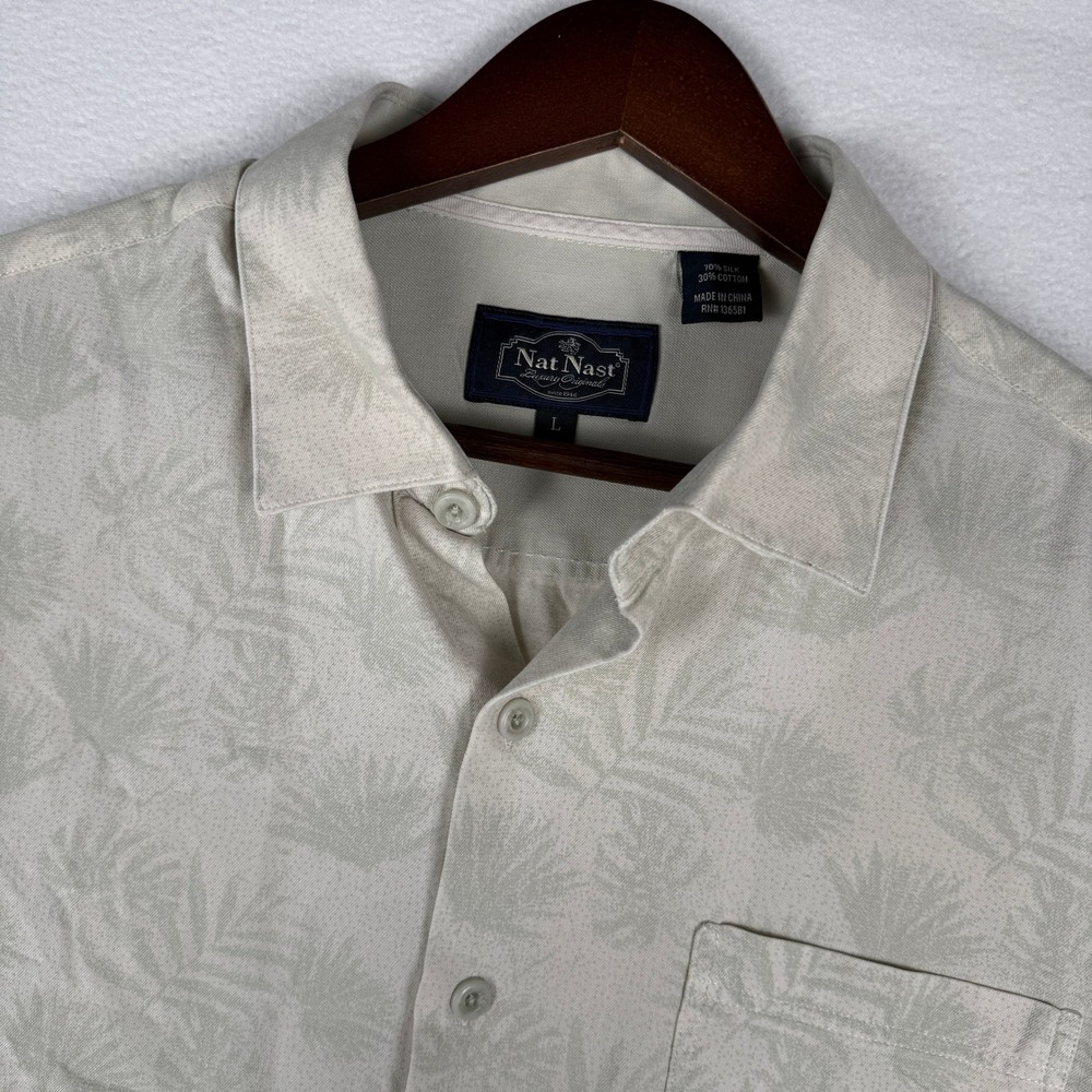 Nat Nast Mens L Silk Blend Tropical Palm Leaf SS Shirt Cream Resortwear Vacation
